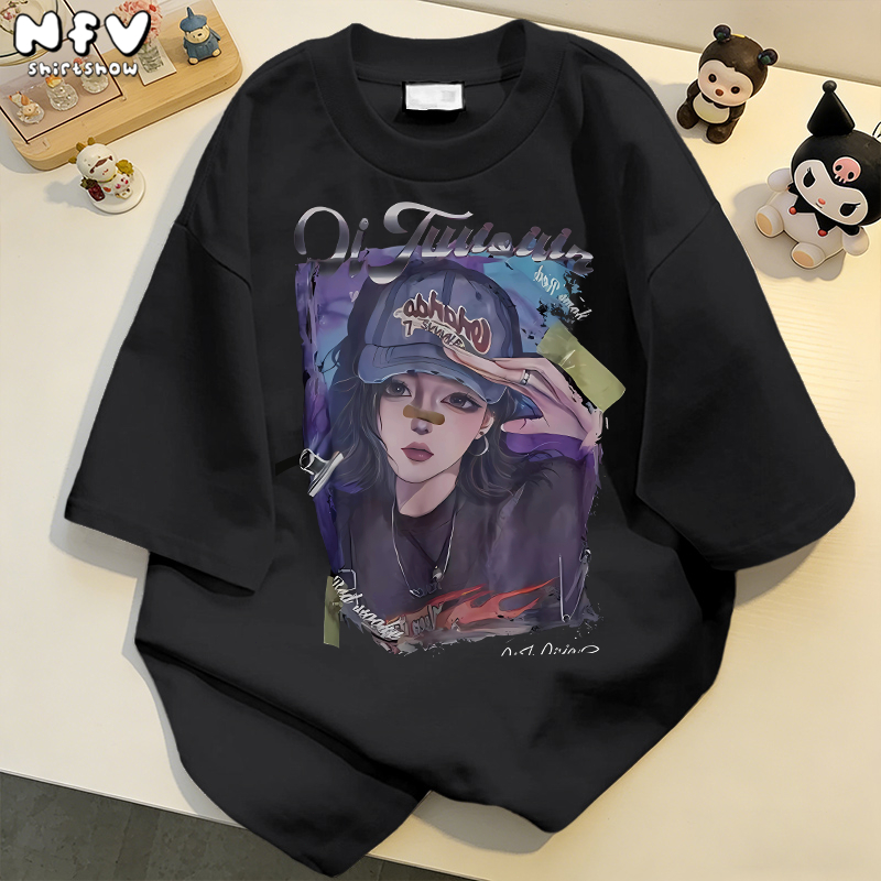 NFV พร้อมส่ง✨เสื้อยืดแขนสั้น  แบบนิ่ม ใส่สบาย โอเวอร์ไซซ์ สาวเท่ห์ลายพิมพ์ สไตล์วินเทจ 100% Cotton YG293