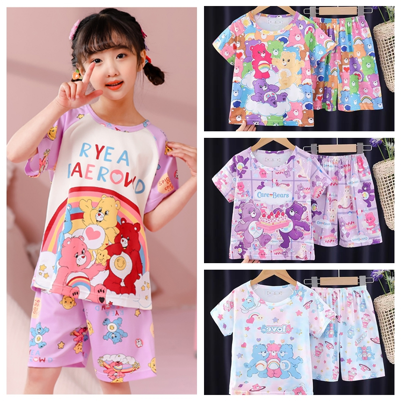 Care Bears ชุดนอนแขนสั้น พิมพ์ลายการ์ตูนหมี แฟชั่นสําหรับเด็กผู้หญิง