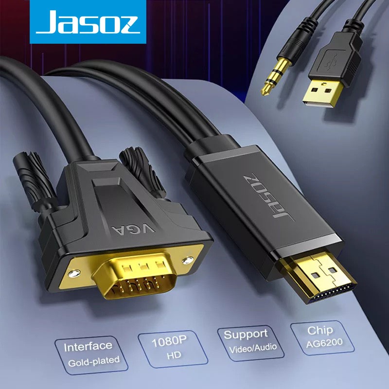 Jasoz HDMI to VGA Cable 1080P HDMI ถึง VGA With Audio Power Supply ยาว 1เมตร-5เมตร for PC TV