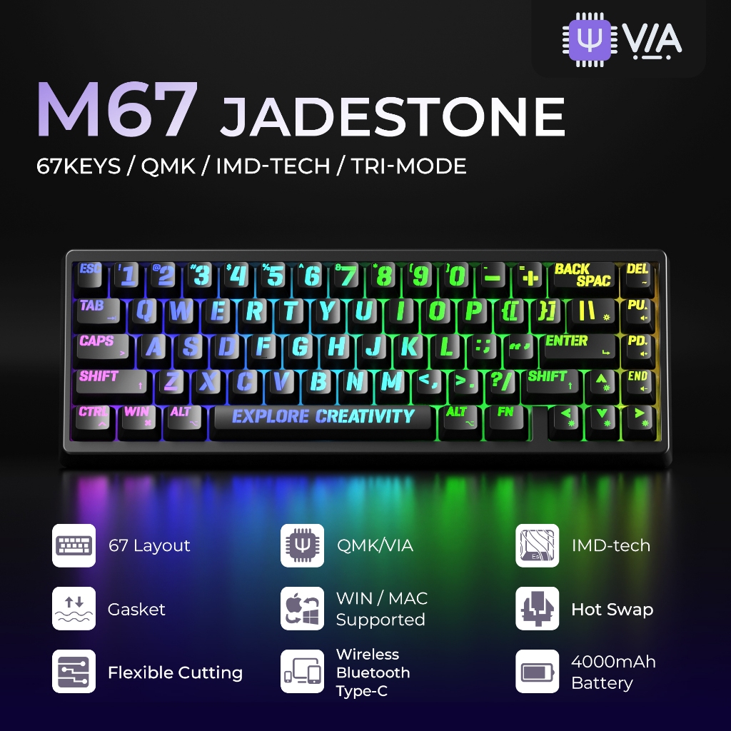 XVX M67 JadeStone คีย์บอร์ดแบบกลไกสีดําสีขาว IMD Keycaps OEM โปรไฟล์ Triple โหมด USB-C 2.4G Hot-Swap