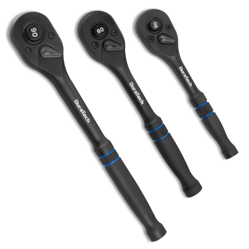 DURATECH ชุดมือจับวงล้อ 90 ฟัน 3 ชิ้นขนาด 1/4 "3/8" 1/2 "Quick-Release พร้อมถาดพลาสติก 40CR เหล็ก ANSI มาตรฐานสําหรับเครื่องยนต์ช่างยนต์ทํางาน