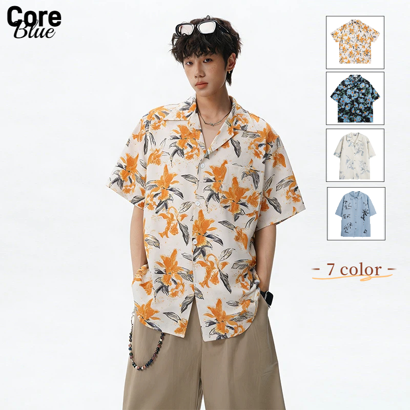 ⚡Core Blue🌟 เสื้อเชิ้ตลายดอกไม้สำหรับผู้ชาย เสื้อเชิ้ตแขนสั้นพิมพ์ลายดอกไม้ สำหรับทั้งผู้ชายและผู้หญิง ออกแบบให้มีความคล่องตัวในสไตล์ย้อนยุค เหมาะสำหรับโอกาสต่างๆ M-XL