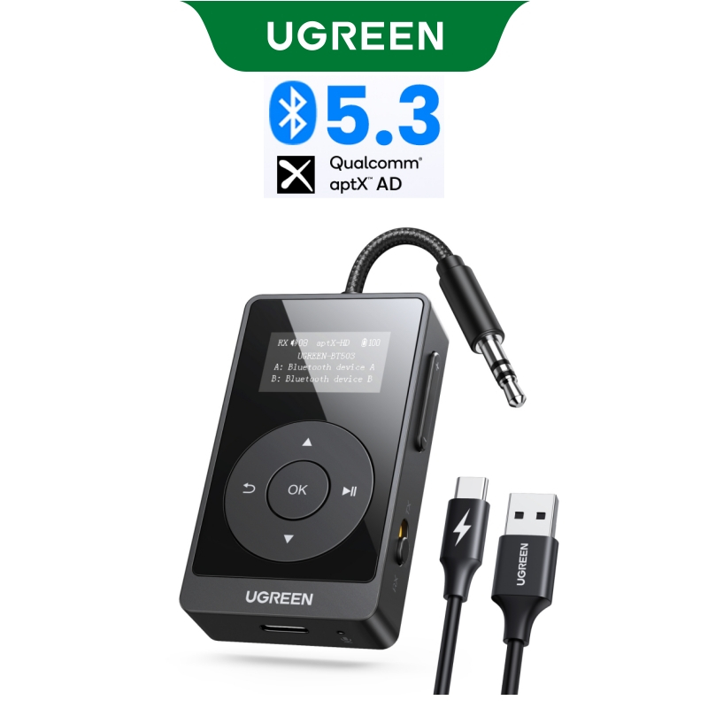 Ugreen 2 in 1 Bluetooth 5.3 เครื่องรับสัญญาณหน้าจอเครื่องส่งสัญญาณ OLED ความละเอียดสูงจอแสดงผลรองรับ