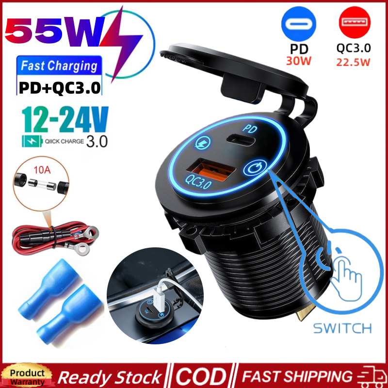 55W PD QC3.0 รถ Charger Socket พร้อมสวิตช์ Quick Charge 3.0 ซ็อกเก็ตกันน้ํา Power Outlet สําหรับ 12 V/24 V รถจักรยานยนต์รถบรรทุกเรือ