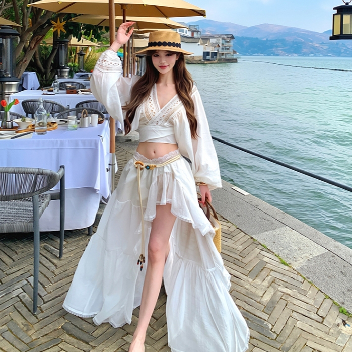 ชุดลำลองสไตล์ฝรั่งเศส แขนยาวและเอวสูง สำหรับวันหยุดหรือสวมใส่ในชีวิตประจำวัน