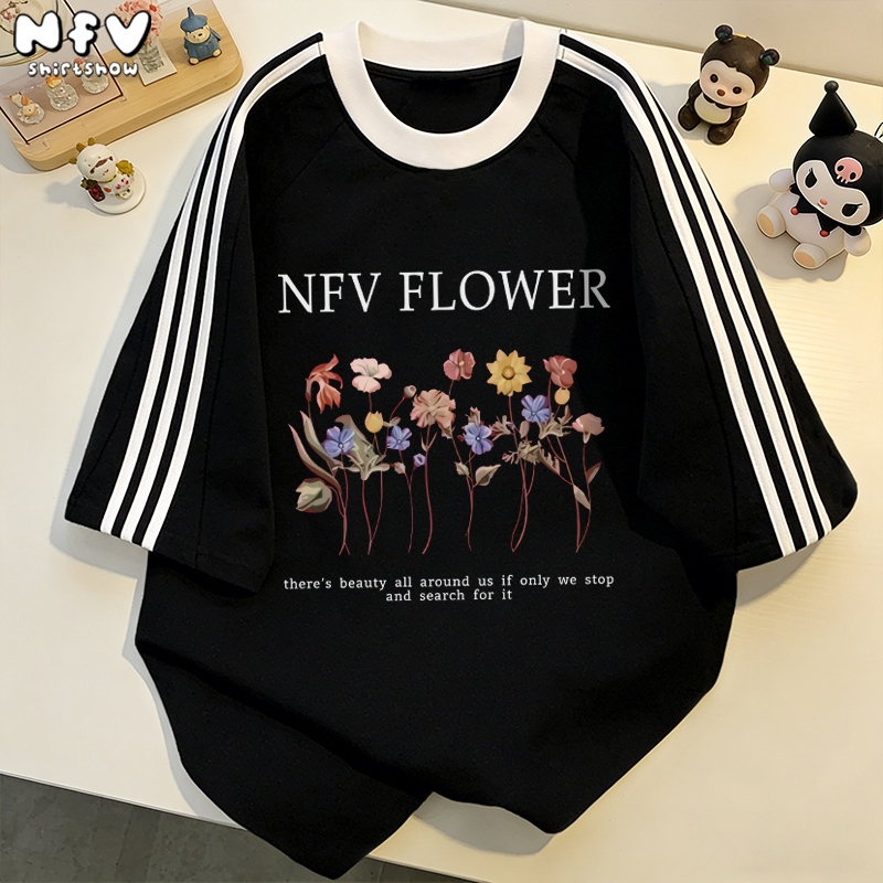NFV เสื้อยืดแฟชั่นสไตล์เกาหลี ลายดอกไม้ แขนสั้น โอเวอร์ไซซ์ เนื้อนุ่ม ใส่สบาย วินเทจ ใส่แล้วดูผอม YG103
