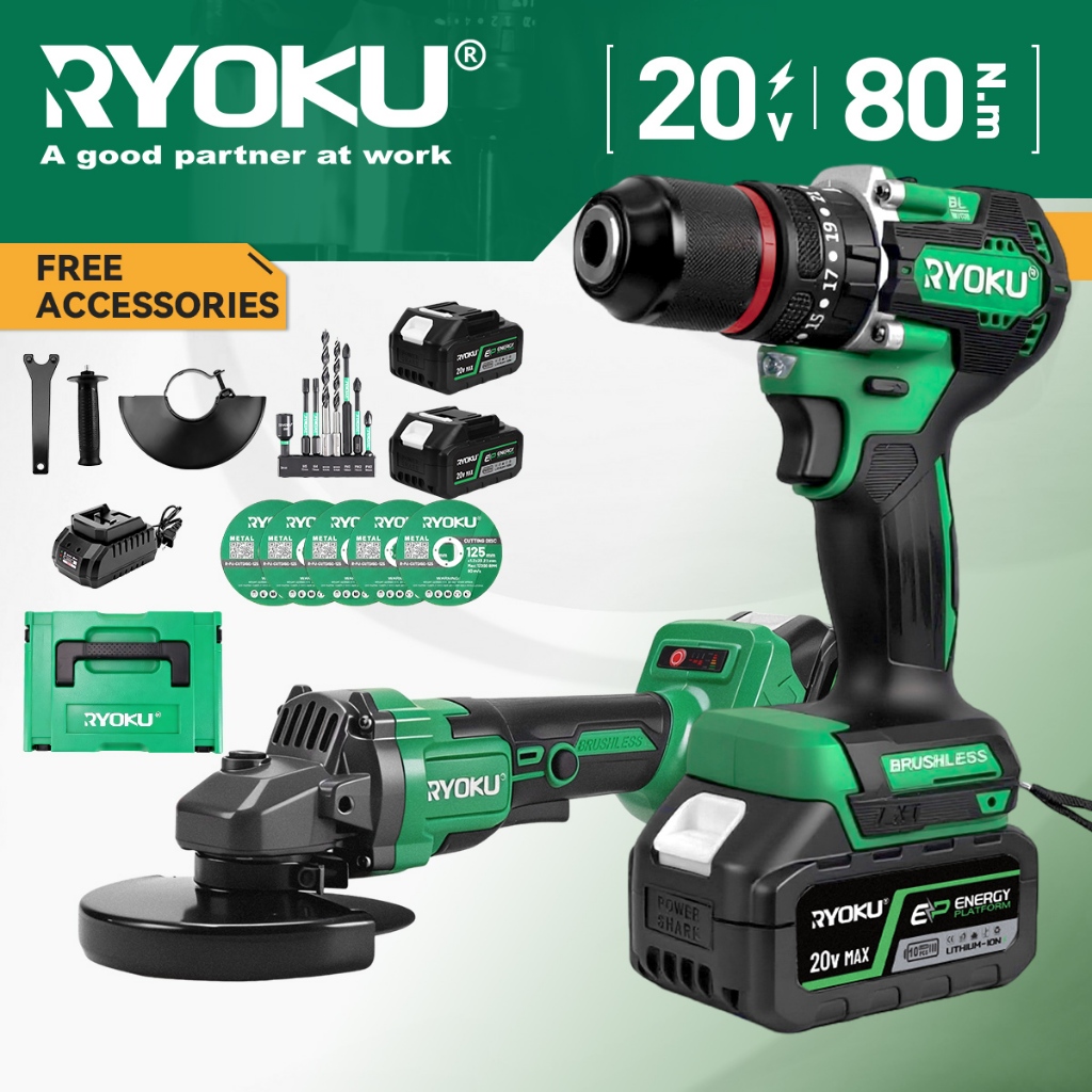 RYOKU ชุดเครื่องมือไฟฟ้าไร้สายพร้อมสว่านไร้แปรงถ่าน 13 มม. และประแจและเครื่องบด 500NM