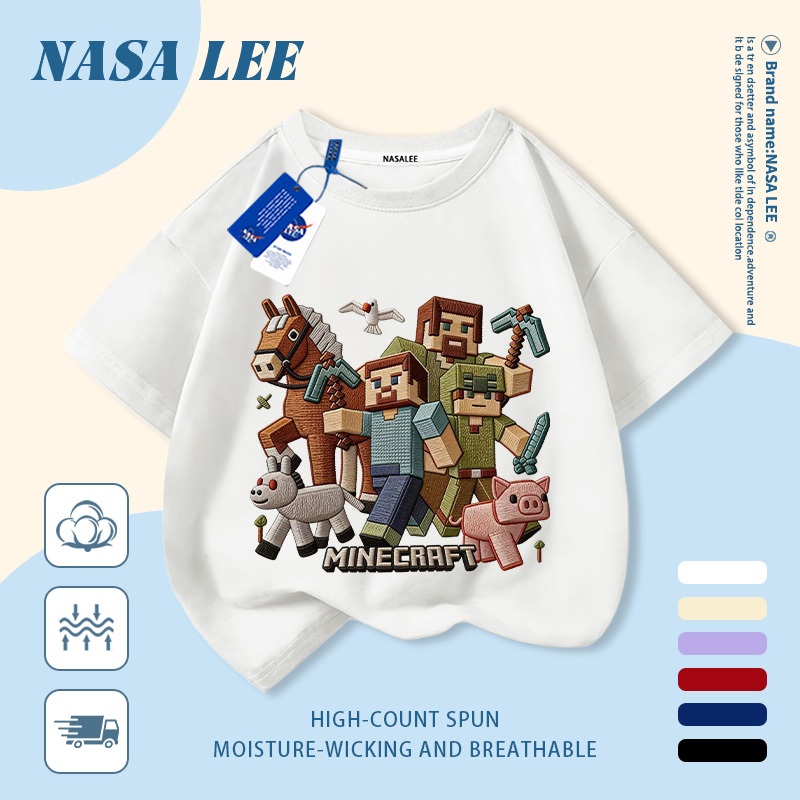 [จัดส่งภายในวันเดียว] เสื้อยืดผ้าฝ้ายแท้ระบายอากาศลายการ์ตูนมายคราฟ สำหรับเด็กและเยาวชน อายุ 3-16 ปี แขนสั้น