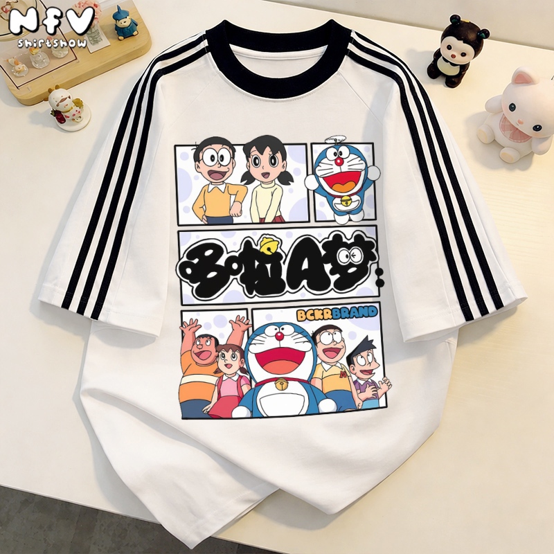 NFV เสื้อยืดคอกลมแขนสั้น💖แฟชั่นสไตล์เกาหลี oversize ผ้านิ่ม ใส่สบาย สาวอวบ ลายโดราเอมอน 100% Cotton t-shirt YG1479