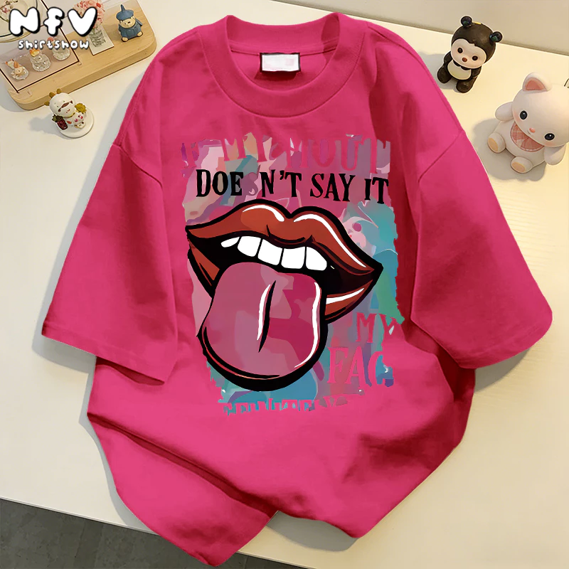 NFV ส่งจากไทย🌟พร้อมส่ง เสื้อยืดคอกลม ผ้าฝ้าย แขนสั้น โอเวอร์ไซซ์ ใส่สบาย รูปภาพลิ้นยื่น 100%cotton YG832