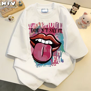 NFV ส่งจากไทย🌟พร้อมส่ง เสื้อยืดคอกลม ผ้าฝ้าย แขนสั้น โอเวอร์ไซซ์ ใส่สบาย รูปภาพลิ้นยื่น 100%cotton YG832