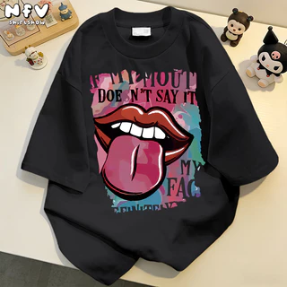 NFV ส่งจากไทย🌟พร้อมส่ง เสื้อยืดคอกลม ผ้าฝ้าย แขนสั้น โอเวอร์ไซซ์ ใส่สบาย รูปภาพลิ้นยื่น 100%cotton YG832