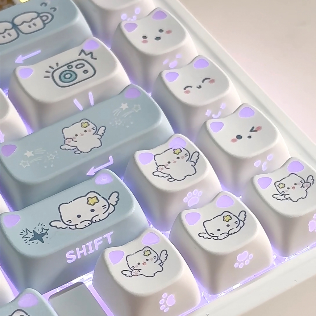 URE Kitty Land Keycaps RGB ตัวอักษรหูเงาผ่านโปรไฟล์เชอร์รี่ PBT double shot สีฟ้าสีขาวแมวน่ารักรูปร่
