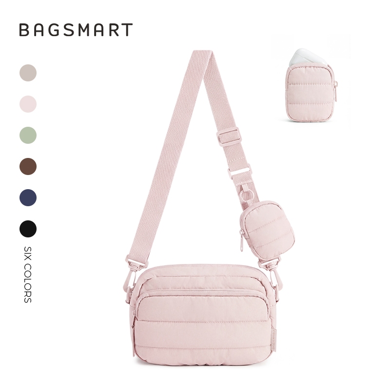 BAGSMART Quilted Crossbody Bag with Headphone & Key Pouch กระเป๋าสะพายน้ําหนักเบาสําหรับการเดินทางทํางานทุกวันกระเป๋าใบเล็ก