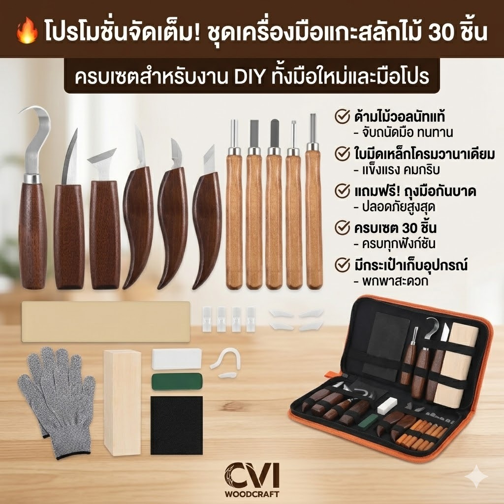 ชุดมีดแกะสลักไม้ 30-in-1 ครบเซต มีด 12 แบบ เหล็กโครมวานาเดียม พร้อมถุงมือกันบาดและอุปกรณ์ลับคม