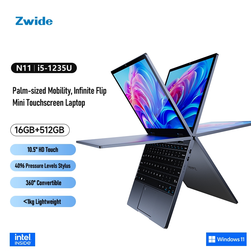 Zwide N11 แล็ปท็อป 2 in 1 แท็บเล็ต Windows11 intel i5-1235U 10.5 นิ้ว 16GB RAM + 512GB/1T ROM หน้าจอ