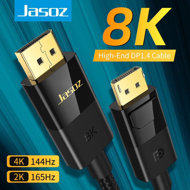 Jasoz สาย DP 1.4 8K 60Hz ความละเอียด Ultra HD 1080P 240Hz DP Gaming Male to Male DisplayPort Cable
