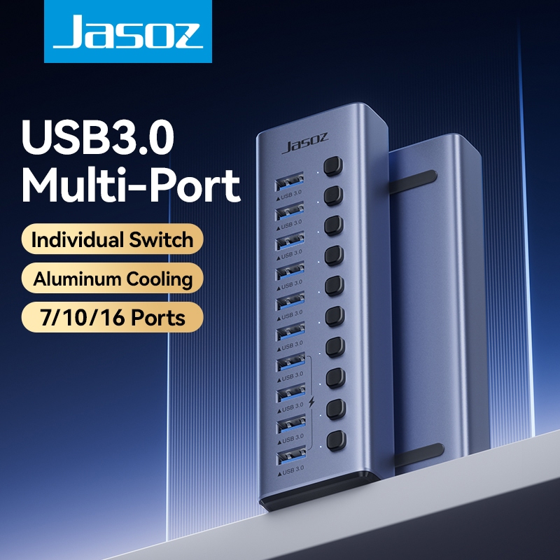 Jasoz USB 3.0 HUB 7/10 Port USB Splitter On/Off Switch With 12V Power Support Charging For Computer
