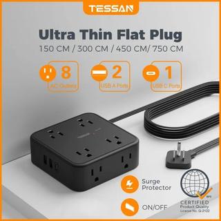 TESSAN Wall Mountable Power Strip with USB C, 900J Surge Protector with Flat Plug and Extension Cord