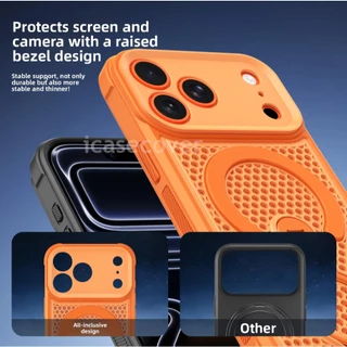 สําหรับ ไอโฟน For iPhone 11 12 13 14 15 16 17 Pro Max Plus มือโปร สูงสุด บวก เคสแม่เหล็กกระจายความร้อน 360° ผู้ถือแหวนหมุนเต็มป้องกัน แม็กเซฟ ฝาครอบไร้สายชาร์จปลอกระบายอากาศ