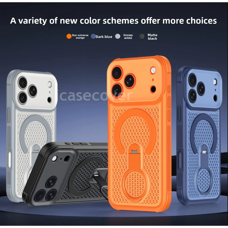 สําหรับ ไอโฟน For iPhone 11 12 13 14 15 16 17 Pro Max Plus มือโปร สูงสุด บวก เคสแม่เหล็กกระจายความร้อน 360° ผู้ถือแหวนหมุนเต็มป้องกัน แม็กเซฟ ฝาครอบไร้สายชาร์จปลอกระบายอากาศ