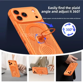 สําหรับ ไอโฟน For iPhone 11 12 13 14 15 16 17 Pro Max Plus มือโปร สูงสุด บวก เคสแม่เหล็กกระจายความร้อน 360° ผู้ถือแหวนหมุนเต็มป้องกัน แม็กเซฟ ฝาครอบไร้สายชาร์จปลอกระบายอากาศ
