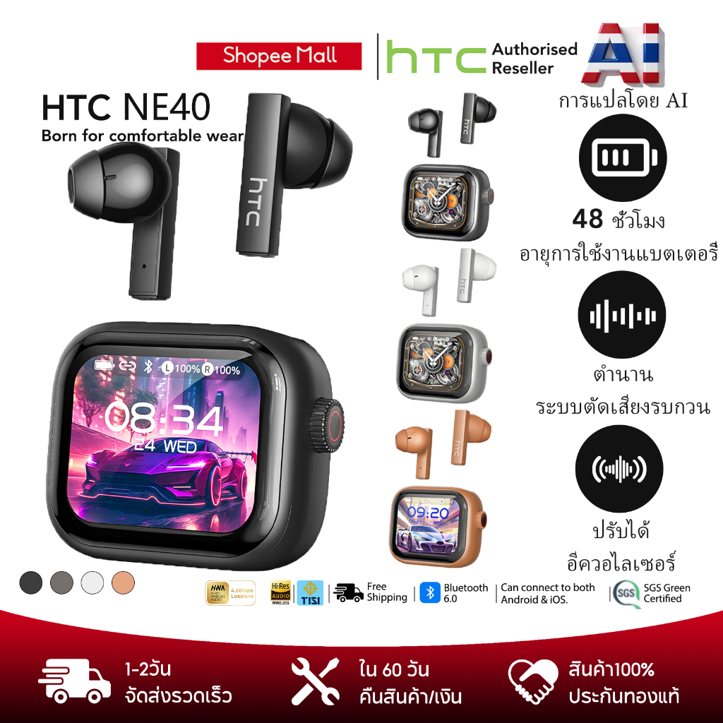 HTC NE40 หูฟังบลูทูธไร้สาย Bluetooth 6.0 AI แปลเรียลไทม์ รองรับ134ภาษา หน้าจอมัลติฟังก์ชัน ปุ่มหมุนอเนกประสงค์ เสียง Hi-Fi ตัดเสียงรบกวน กันน้ำ IPX5 สินค้าแท้