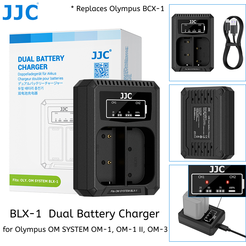 JJC เปลี่ยนเครื่องชาร์จแบตเตอรี่คู่ BCX-1 สําหรับ Olympus BLX-1 แบตเตอรี่ OM SYSTEM OM-1 OM-1 Mark I