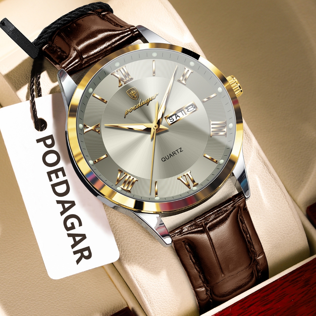 POEDAGAR Original นาฬิกาแฟชั่นสําหรับ Man หนังวันที่สัปดาห์ควอตซ์ผู้ชายนาฬิกากันน้ําส่องสว่างธุรกิจนาฬิกาผู้ชายชาย