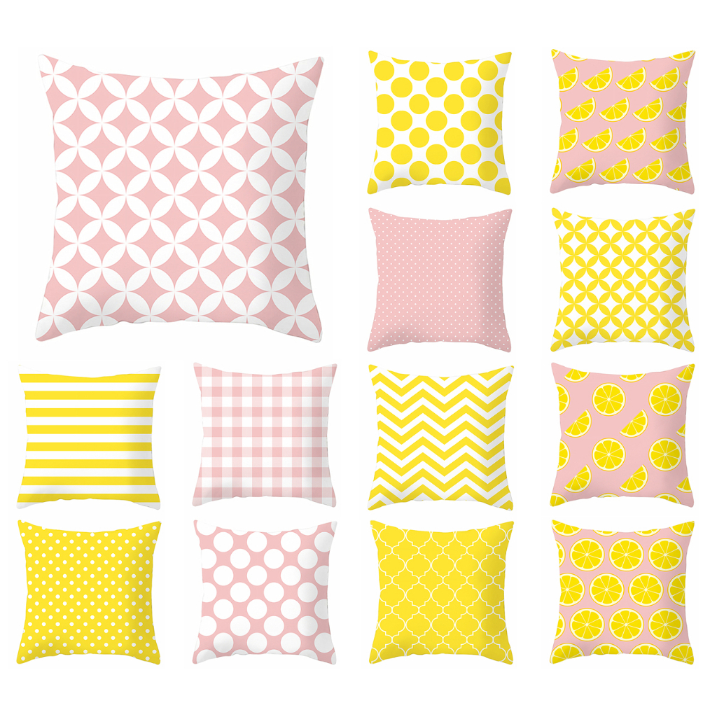 70×70.65×65.55×55.40×40.ปลอกหมอนทรงเรขาคณิตสีชมพูสีเหลือง.ปลอกหมอนโซฟาตกแต่งบ้าน