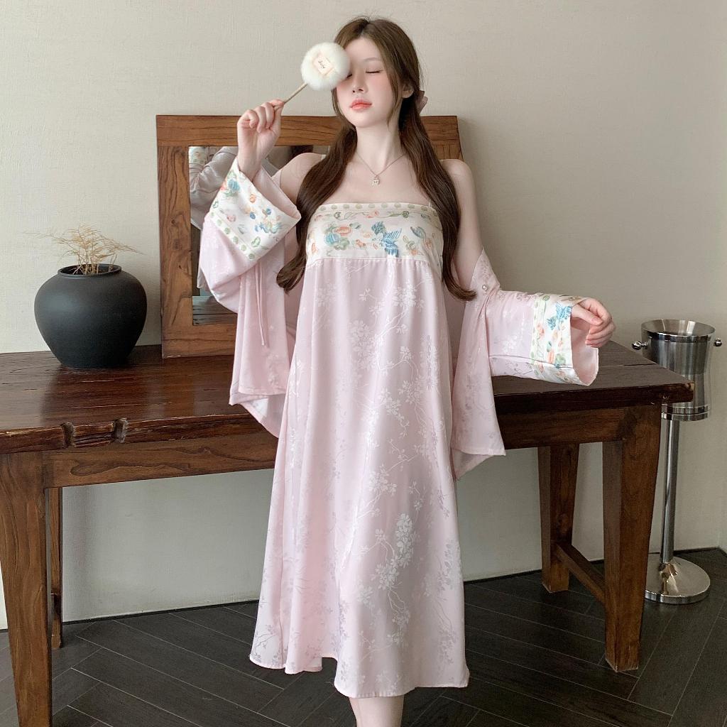 Nightdress Jacquard สไตล์จีน ผ้าไหมลายดอกไม้ เหมาะสำหรับฤดูร้อน พร้อมแผ่นรองหน้าอก