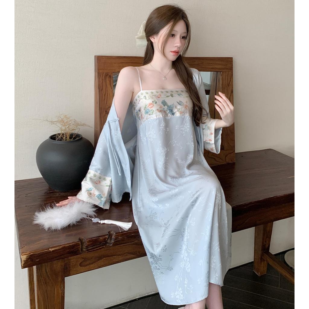 ชุดนอนคุณภาพเยี่ยม Jacquard ผ้าไหมสไตล์จีน พร้อมแผ่นรองหน้าอก สำหรับLoungewear