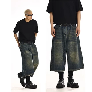 กางเกงยีนส์ขาสั้นชาย กางเกงยีนส์ผู้ชาย ฮิปฮอป vintage jeans กระบอกใหญ่ คนอ้วน กระดุม เหมาะสำหรับผู้ชายและผู้หญิงทุกคน