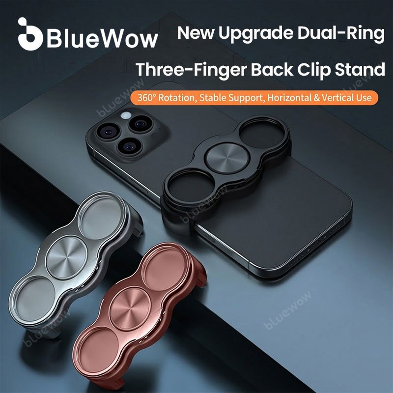 อัพเกรดใหม่BlueWow Dual-Ring Three-Finger Back Clip Stand ขาตั้งโทรศัพท์แบบพับได้,360° การหมุน, รองรับเสถียร, ใช้งานแนวนอนและแนวตั้ง