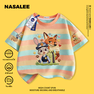 【จัดส่งวันเดียวกัน】 เสื้อยืดแขนสั้นสีน้ำเงินเข้มสำหรับเด็ก แบรนด์ NASA ผ้าฝ้ายแท้ ระบายอากาศดี สวมใส่สบาย เหมาะสำหรับทั้งเด็กชายและเด็กหญิง ลาย Zootopia (นครพิเศษสัตว์)