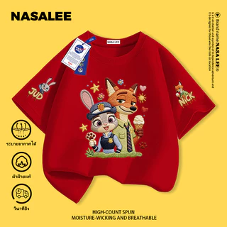 【จัดส่งวันเดียวกัน】 เสื้อยืดแขนสั้นสีน้ำเงินเข้มสำหรับเด็ก แบรนด์ NASA ผ้าฝ้ายแท้ ระบายอากาศดี สวมใส่สบาย เหมาะสำหรับทั้งเด็กชายและเด็กหญิง ลาย Zootopia (นครพิเศษสัตว์)