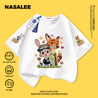 【จัดส่งวันเดียวกัน】 เสื้อยืดแขนสั้นสีน้ำเงินเข้มสำหรับเด็ก แบรนด์ NASA ผ้าฝ้ายแท้ ระบายอากาศดี สวมใส่สบาย เหมาะสำหรับทั้งเด็กชายและเด็กหญิง ลาย Zootopia (นครพิเศษสัตว์)