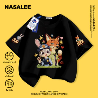 【จัดส่งวันเดียวกัน】 เสื้อยืดแขนสั้นสีน้ำเงินเข้มสำหรับเด็ก แบรนด์ NASA ผ้าฝ้ายแท้ ระบายอากาศดี สวมใส่สบาย เหมาะสำหรับทั้งเด็กชายและเด็กหญิง ลาย Zootopia (นครพิเศษสัตว์)