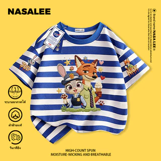 【จัดส่งวันเดียวกัน】 เสื้อยืดแขนสั้นสีน้ำเงินเข้มสำหรับเด็ก แบรนด์ NASA ผ้าฝ้ายแท้ ระบายอากาศดี สวมใส่สบาย เหมาะสำหรับทั้งเด็กชายและเด็กหญิง ลาย Zootopia (นครพิเศษสัตว์)