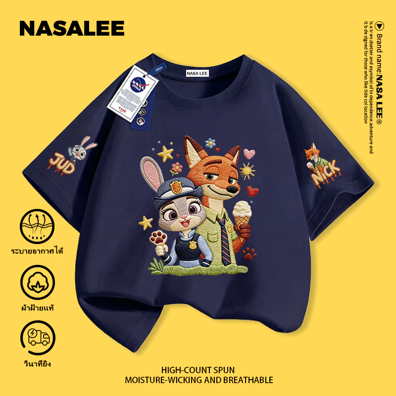 【จัดส่งวันเดียวกัน】 เสื้อยืดแขนสั้นสีน้ำเงินเข้มสำหรับเด็ก แบรนด์ NASA ผ้าฝ้ายแท้ ระบายอากาศดี สวมใส่สบาย เหมาะสำหรับทั้งเด็กชายและเด็กหญิง ลาย Zootopia (นครพิเศษสัตว์)