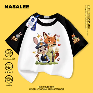 【จัดส่งวันเดียวกัน】 เสื้อยืดแขนสั้นสีน้ำเงินเข้มสำหรับเด็ก แบรนด์ NASA ผ้าฝ้ายแท้ ระบายอากาศดี สวมใส่สบาย เหมาะสำหรับทั้งเด็กชายและเด็กหญิง ลาย Zootopia (นครพิเศษสัตว์)