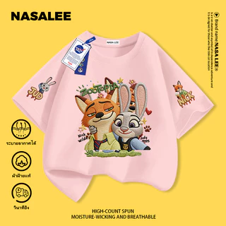 【จัดส่งวันเดียวกัน】 เสื้อยืดแขนสั้นสีน้ำเงินเข้มสำหรับเด็ก แบรนด์ NASA ผ้าฝ้ายแท้ ระบายอากาศดี สวมใส่สบาย เหมาะสำหรับทั้งเด็กชายและเด็กหญิง ลาย Zootopia (นครพิเศษสัตว์)