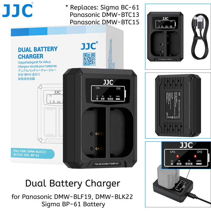 JJC Dual Battery Charger สําหรับ DMW-BLF19 DMW-BLK22 BP-61 แบตเตอรี่ Lumix S5 IIX S9 GH5S GH5 G9 II 