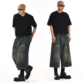 กางเกงยีนส์ขาสั้นชาย กางเกงยีนส์ผู้ชาย ฮิปฮอป vintage jeans กระบอกใหญ่ คนอ้วน กระดุม เหมาะสำหรับผู้ชายและผู้หญิงทุกคน