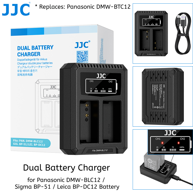 JJC DMW-BTC12 Dual Battery Charger สําหรับ Panasonic DMW-BLC12 BP-51 BP-DC12 แบตเตอรี่ Lumix G95 G85 GH2 GX8 G6 G5 FZ1000 II กล้อง, 2 ช่องสายชาร์จ Type-C USB Al
