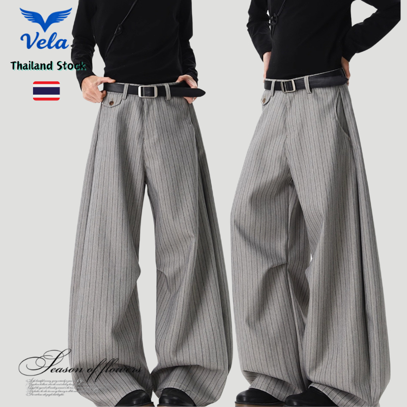 Vela-(พร้อมส่ง)กางเกงสูทสำหรับผู้ชายสีเทา ลายทางตรงหลวม แฟชั่นสามมิติธุรกิจ