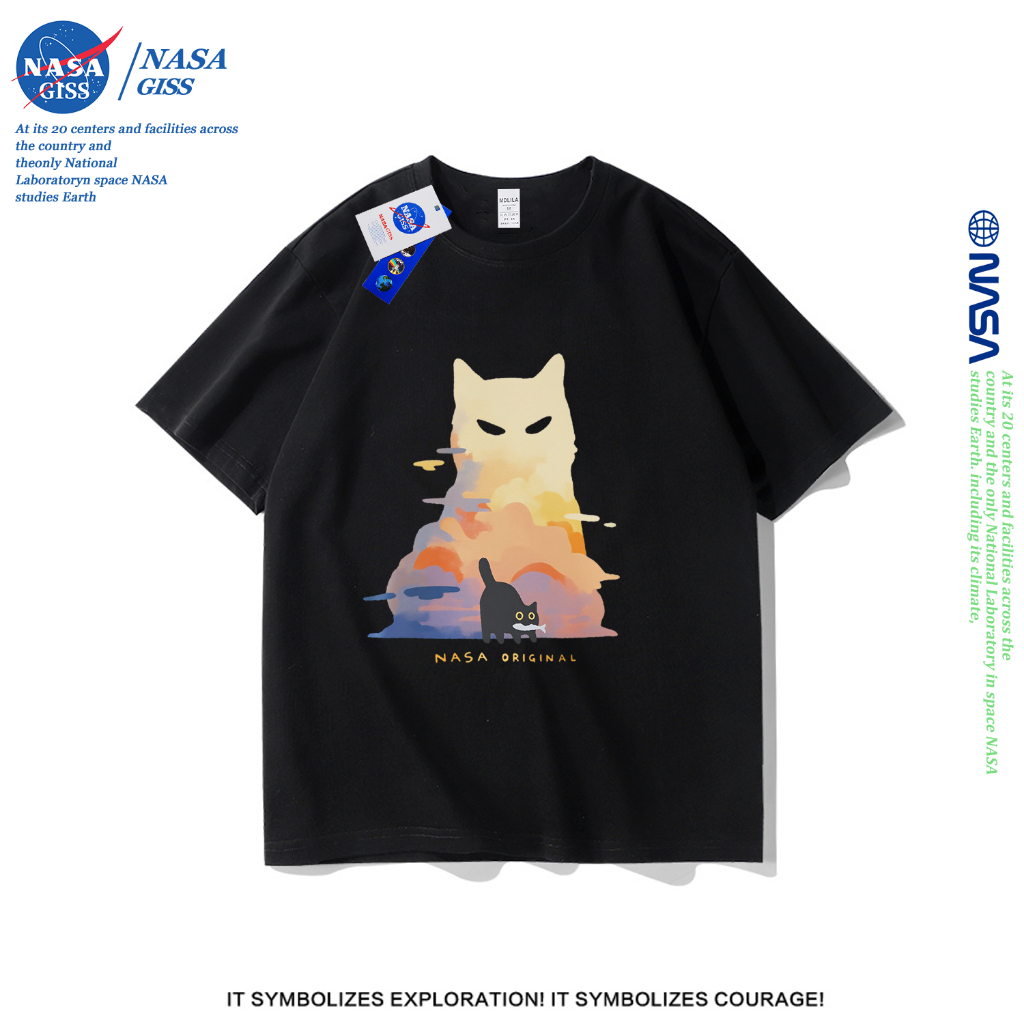 NASA เสื้อยืดชายหญิงแขนสั้น สไตล์ลำลอง summer ลูกแมว พิมพ์ลาย คอตตอน คอกลม หลวมและระบายอากาศ