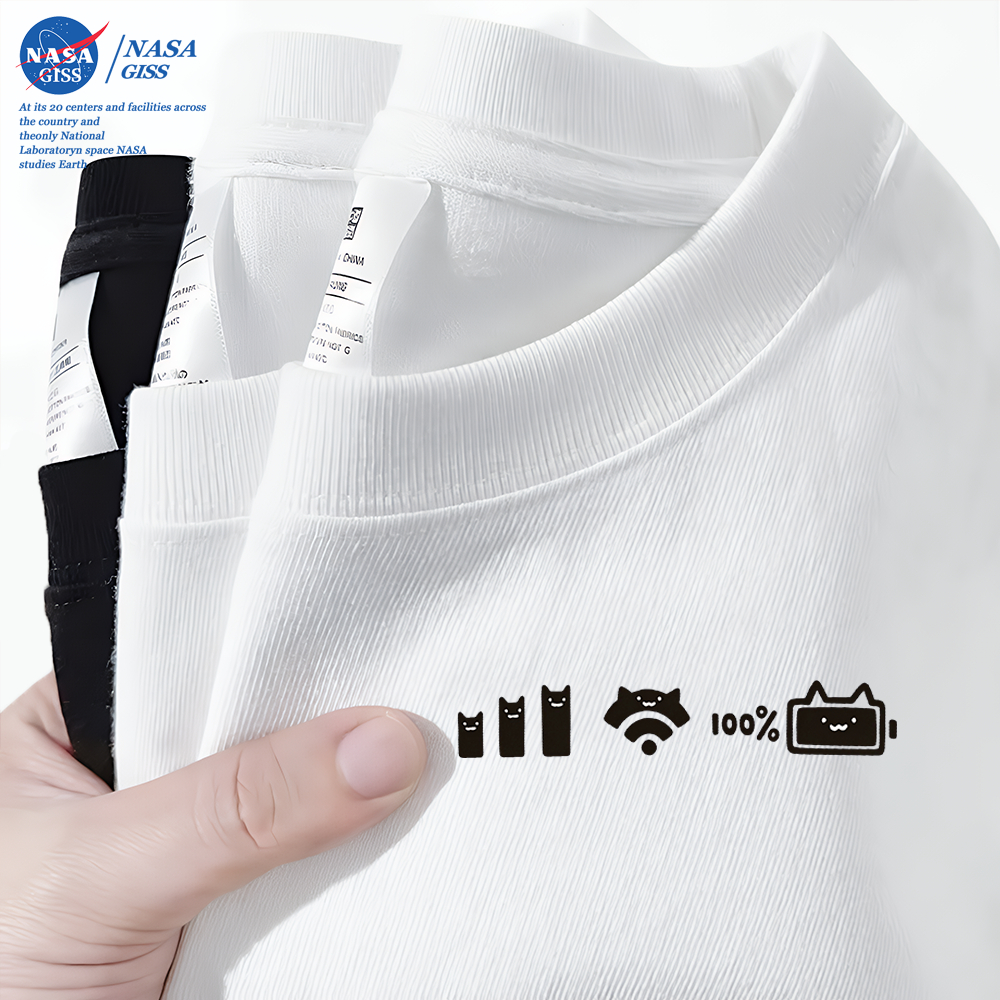 NASA เสื้อยืดชายหญิงแขนสั้น สไตล์ลำลอง summer เก็บแบตเตอรี่แมว พิมพ์ลาย คอตตอน คอกลม หลวมและระบายอากาศ