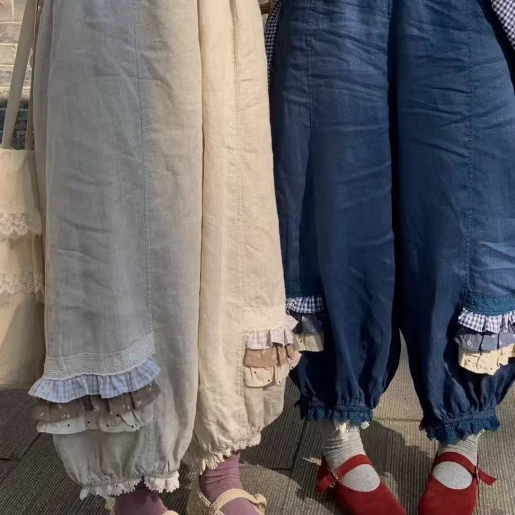 หมีสาวฤดูใบไม้ผลิ ทรงหลวมเอายางยืดใหม่ Mori Style literary look linen fabric collectionpants