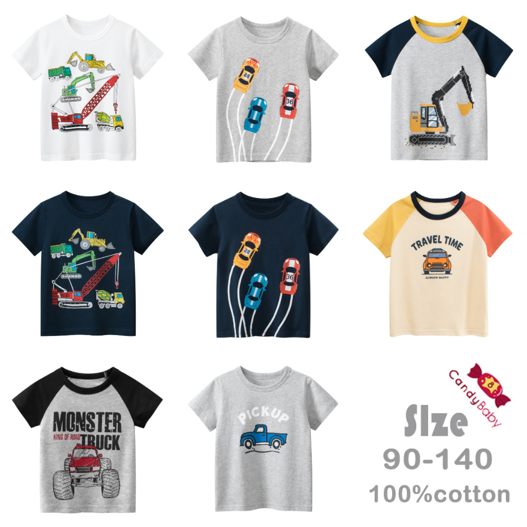 เสื้อยืดแขนสั้น ผ้าฝ้าย ลายการ์ตูนรถบัสน่ารัก แฟชั่นฤดูร้อน สําหรับเด็กผู้ชาย อายุ 1-8 ปี